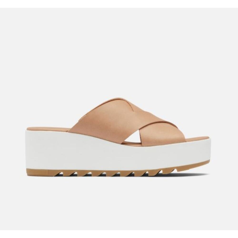 Sorel Cameron Tan Leather Platform Wedge Slide Sandals US 9.5